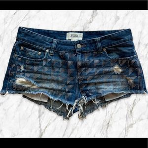 Victoria's Secret PINK Denim Shorts Blue Triangle Studs Cheeky Cut Off Size 8